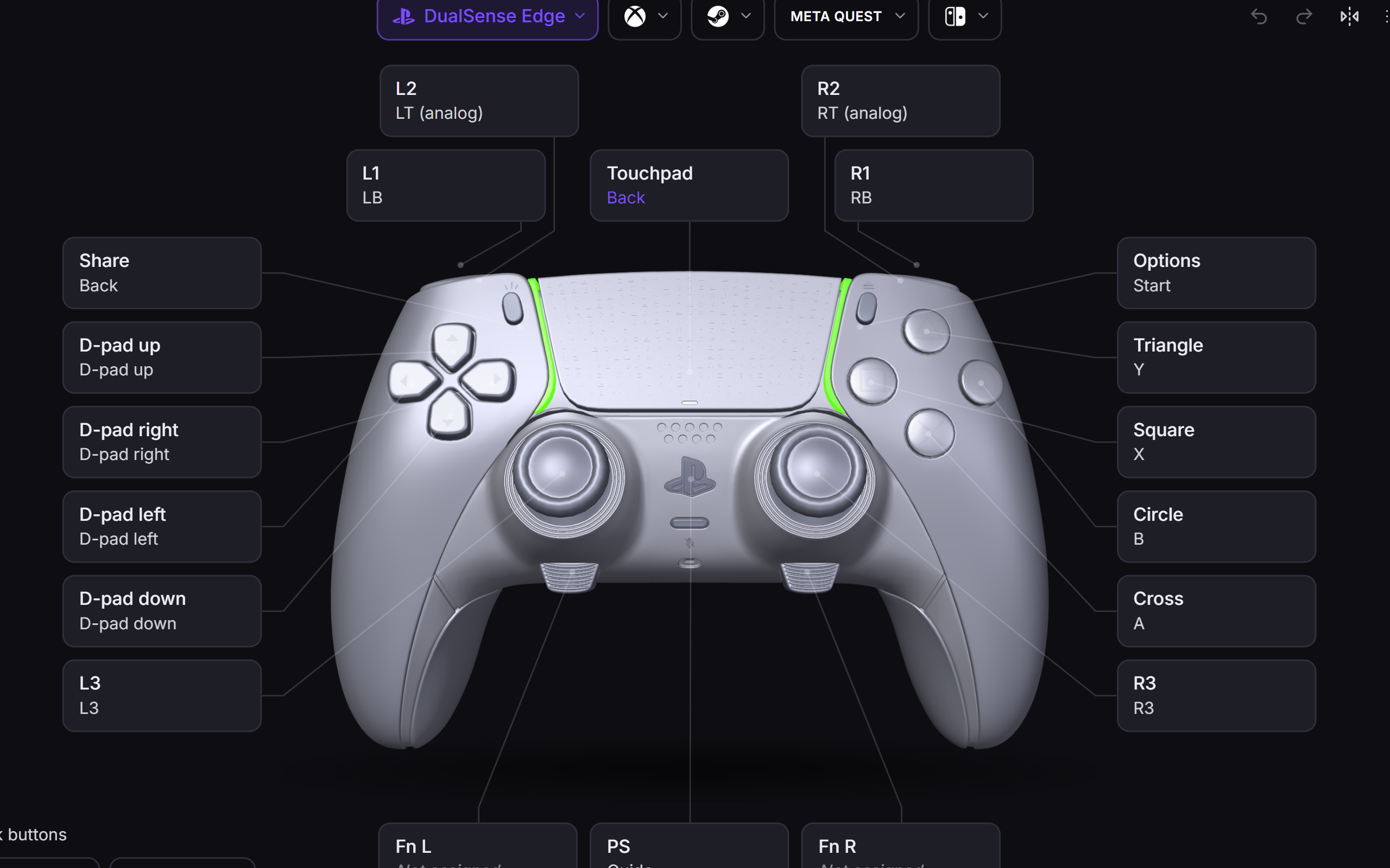 OmniControl's Mapping page mid-edit, one control selected and its new binding being chosen