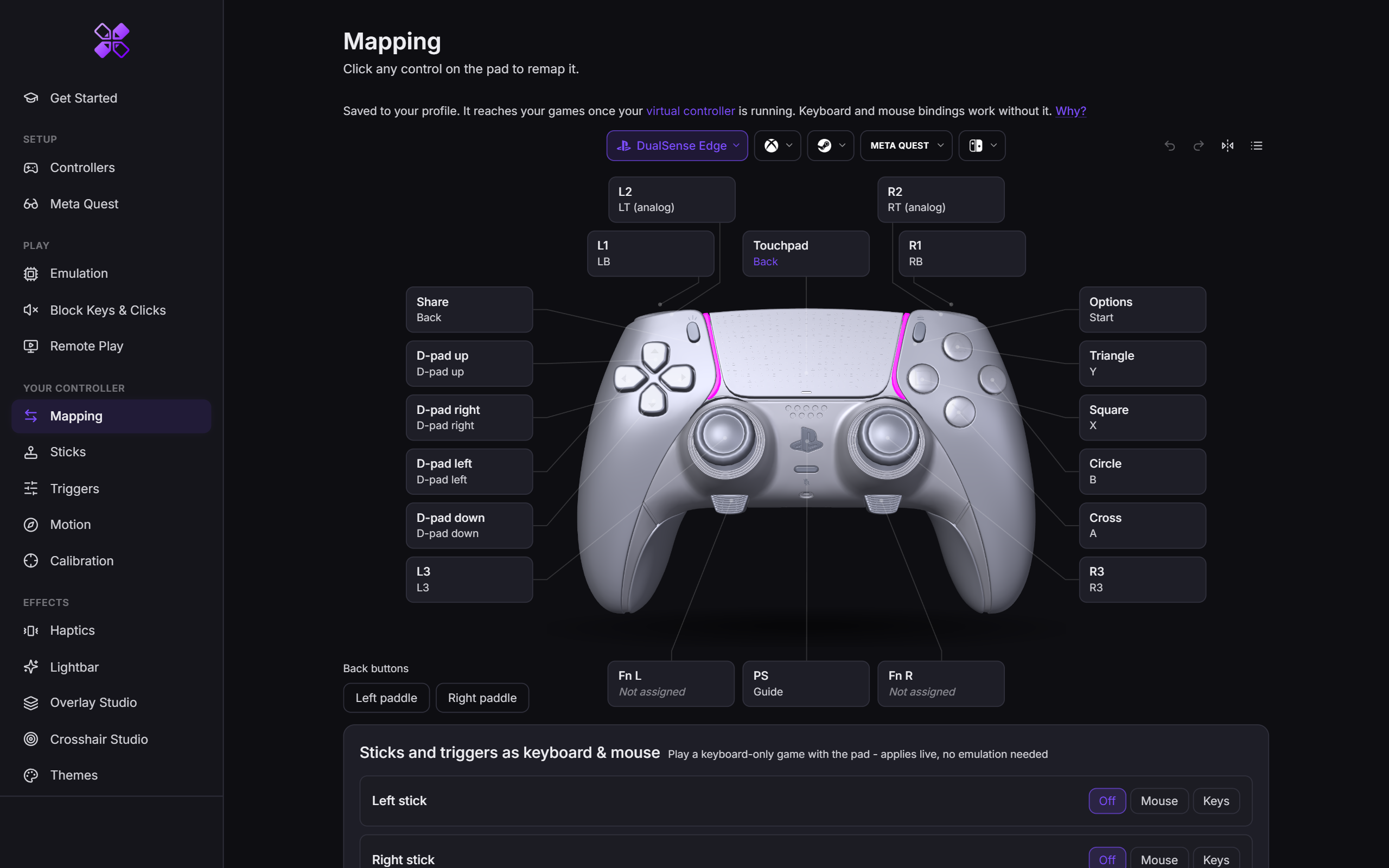OmniControl remapping an Xbox controller: every button, trigger and stick labelled with the input it is sending, from LT and RT down to A and B