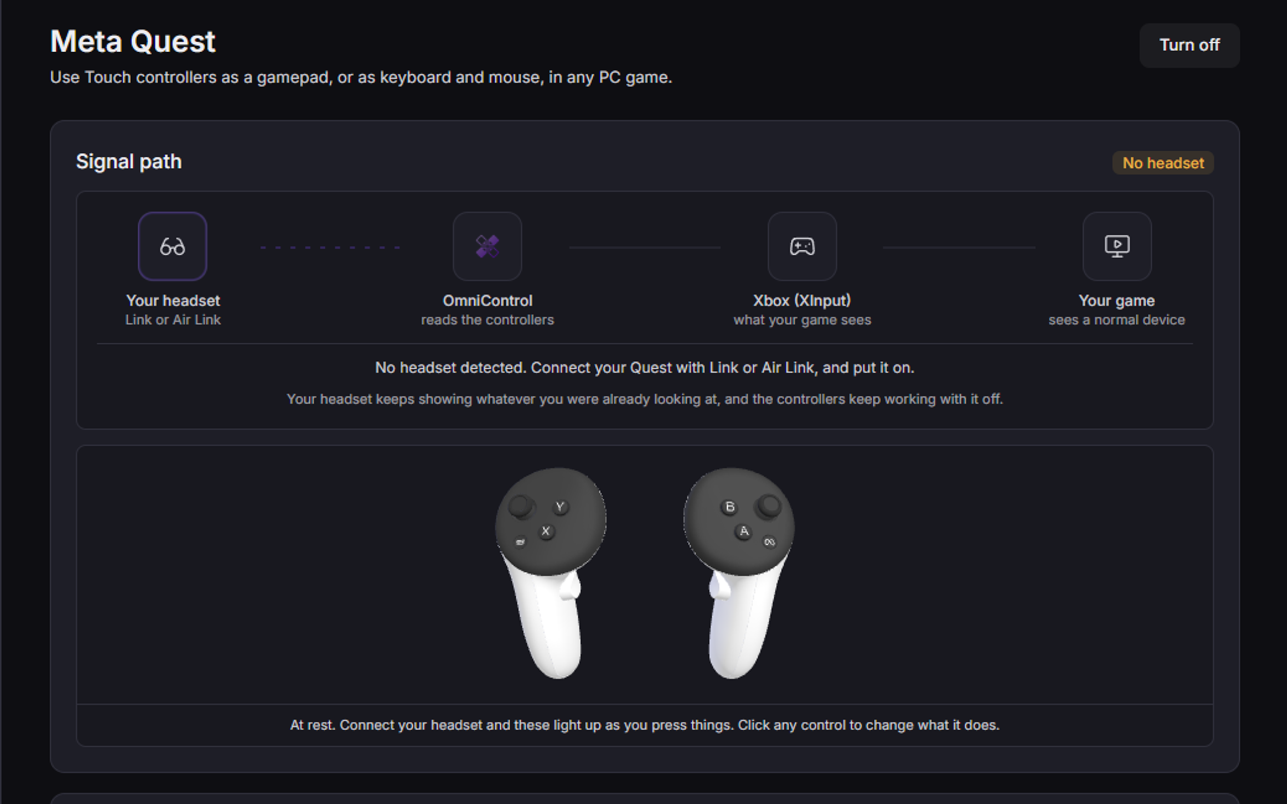 OmniControl's Meta Quest page, with the Signal path panel and the two Touch controllers shown at rest