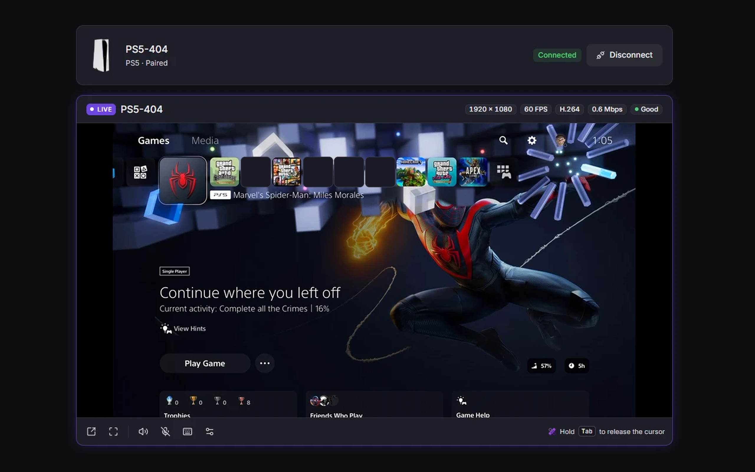 OmniControl's Remote Play page with a PS5 connected and its home screen streaming live at 1920 by 1080, 60 frames per second