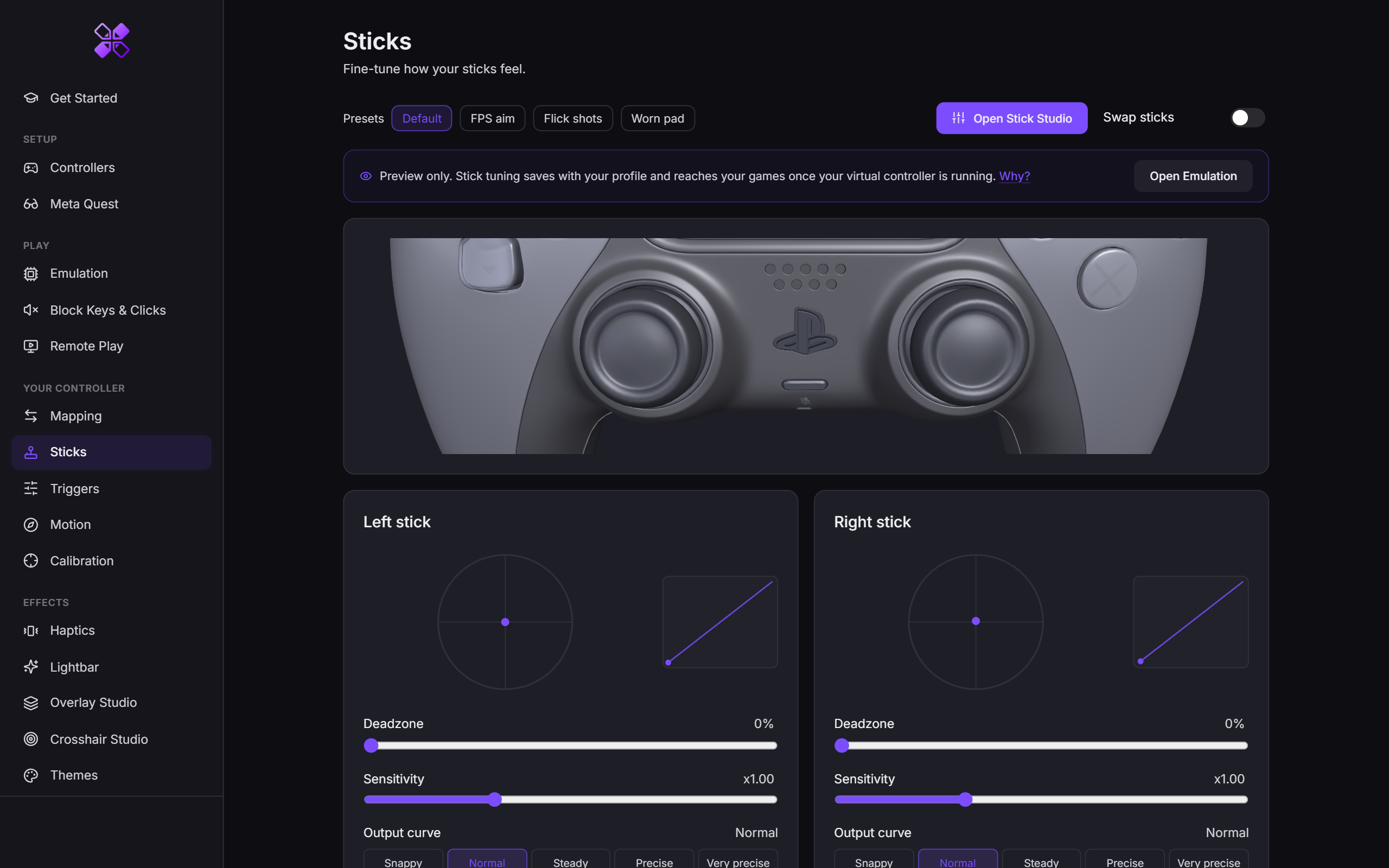 OmniControl's Sticks page: deadzone and sensitivity controls beside the live stick preview