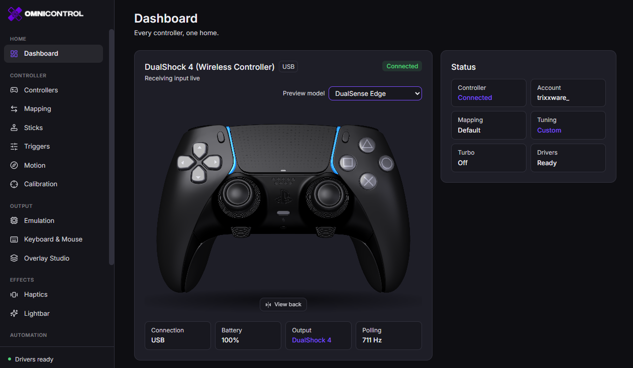 OmniControl dashboard showing a live 3D controller model