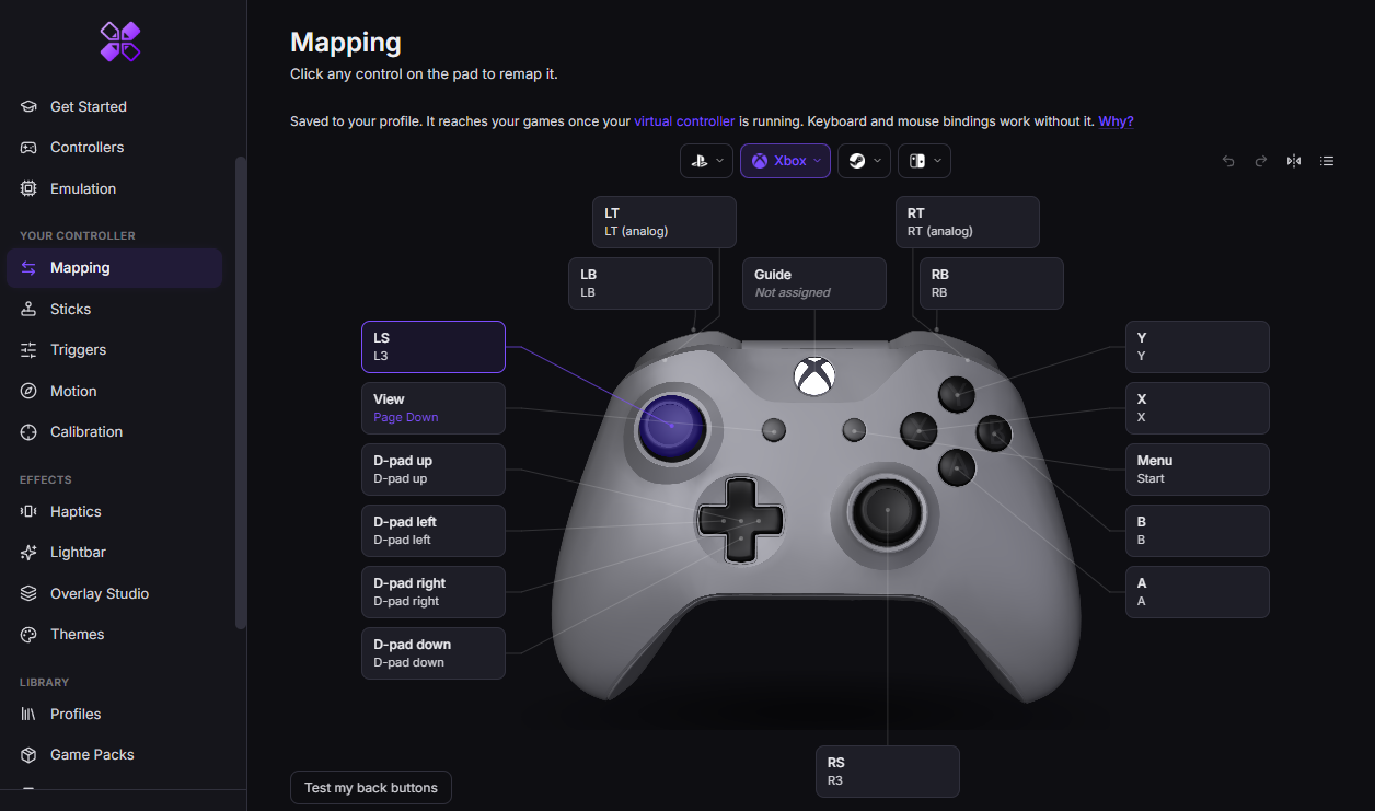OmniControl remapping an Xbox controller: every button, trigger and stick labelled with the input it is sending, from LT and RT down to A and B