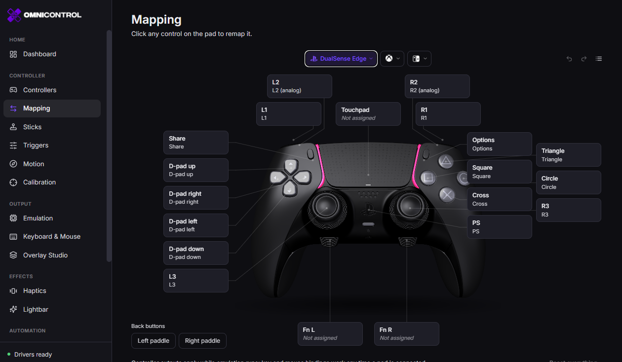 OmniControl mappings view with an input selected