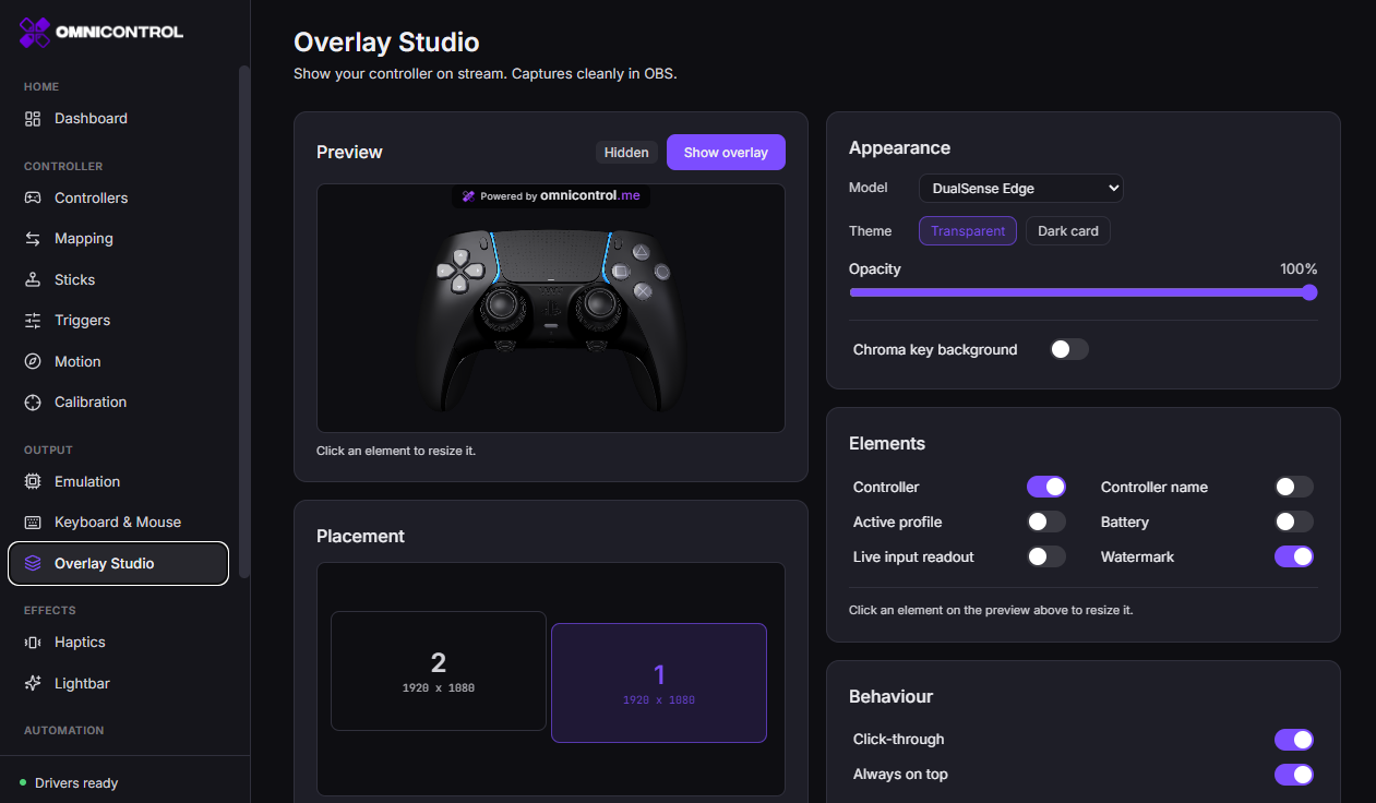 Overlay Studio showing a live controller mirror with styling options